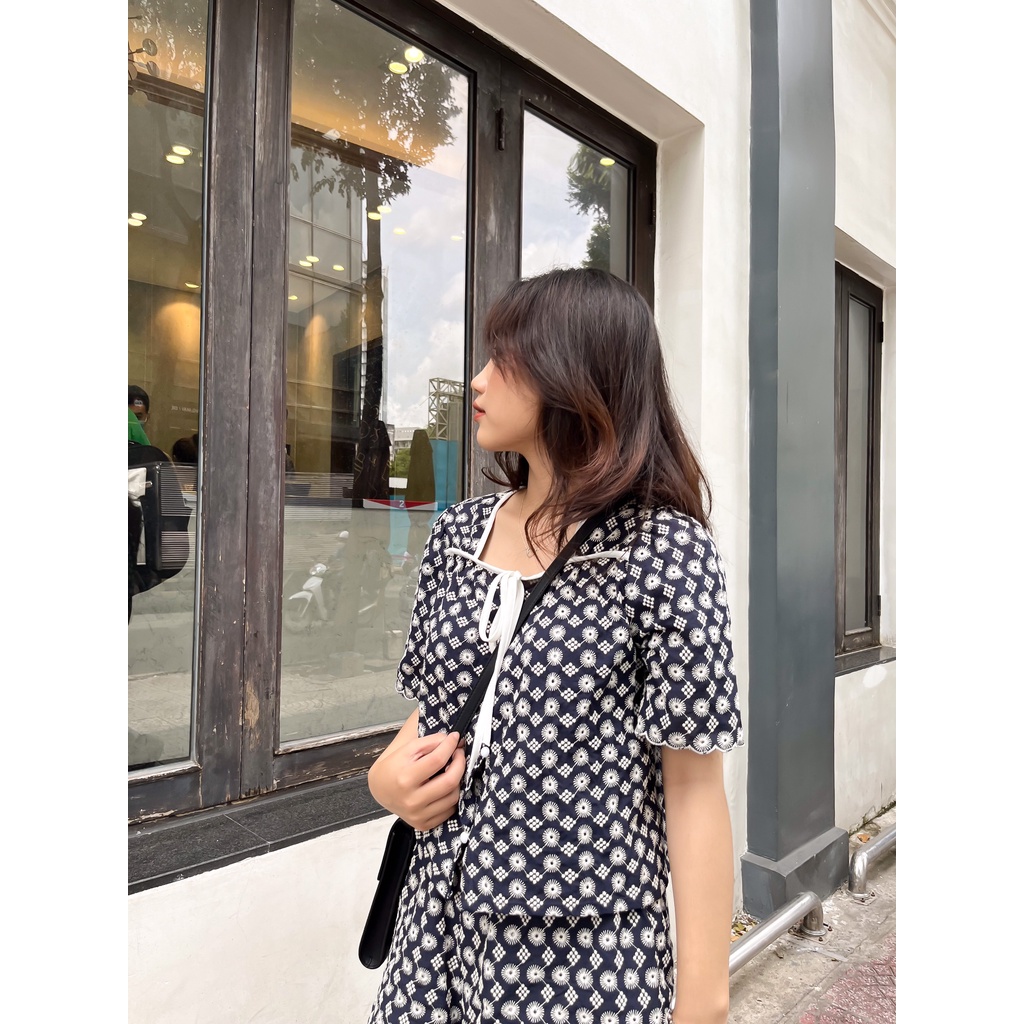 (HÀNG SẴN) Set Áo + Quần đùi chất ren thêu màu xanh đen đậm