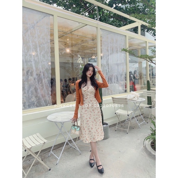 Set váy hoa nhí+áo khoác cam - Pinkger Shop