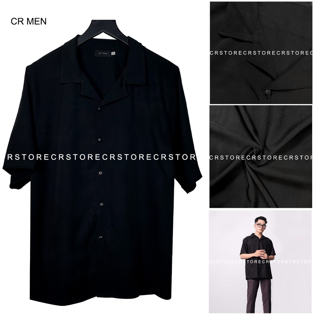Áo Sơ Mi Tay Lỡ Cổ Vest CR MEN đen trắng unisex nam nữ trơn vải lụa mềm | BigBuy360 - bigbuy360.vn
