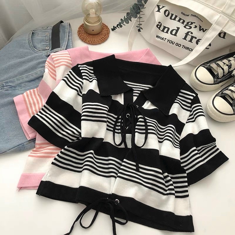 Áo len polo kẻ dáng croptop đan dây, Áo kiểu len cổ bẻ form ngắn AL6563 - NhiNhi Shop