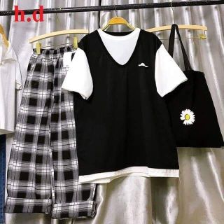 Set 3 món áo gile phối áo trắng ,quần kẻ caro