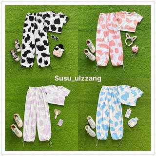 Set bò sữa hàng loại 1, bộ áo croptop bò sữa và quần jogger dáng rộng thể thao đi chơi