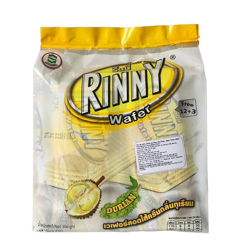 [BỊCH 12 GÓI TẶNG 3] Bánh Xốp Kem Sầu Riêng Rinny Wafer Thái Lan 32g/gói x 12 gói (tặng kèm 3 gói) | BigBuy360 - bigbuy360.vn