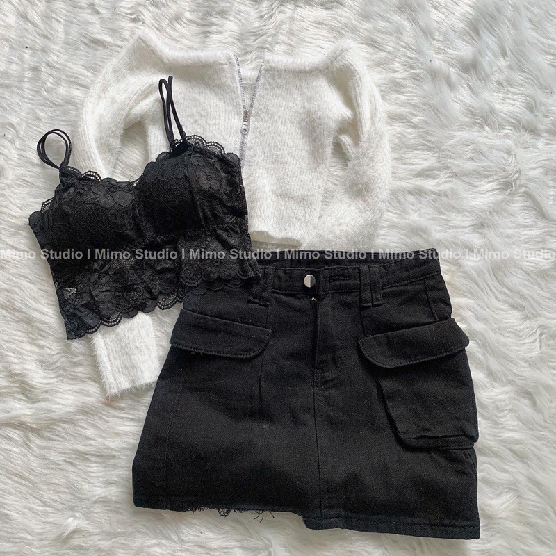 ÁO LEN TRỄ VAI- VÁY JEAN ĐEN