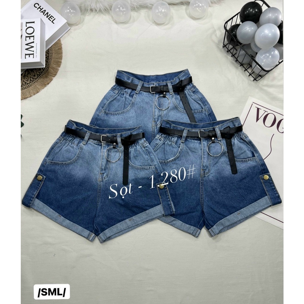 Quần short kaki nữ lưng cao, quần đùi jean cạp cao ống rộng sắn gấu C3