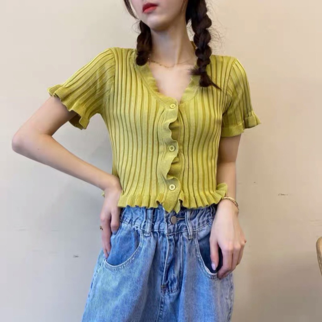 [ÁO DỆT KIM] Áo Len Nữ, Áo Croptop Tay Ngắn Bèo Nhún Dệt Kim_  Phong Cách Hàn Quốc_Đi Chơi Dạo Phố Là Xinh