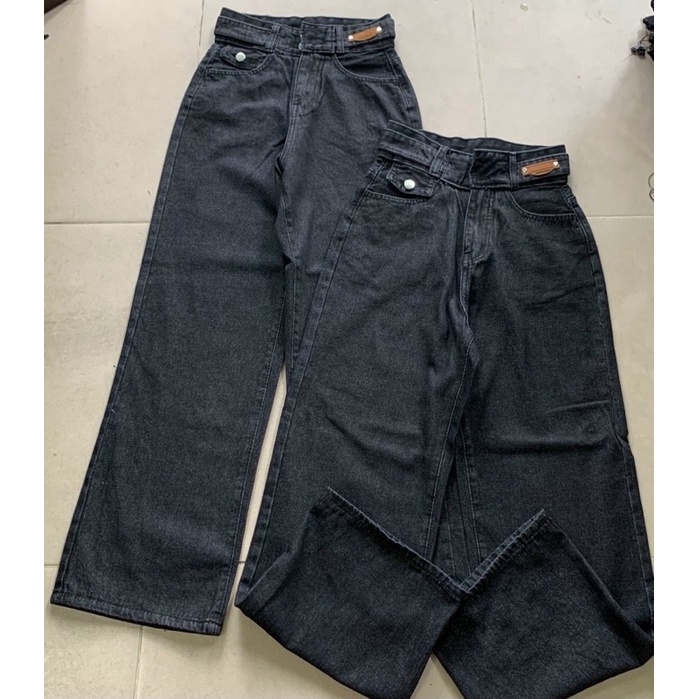 Quần ống rộng nữ quần jeans túi nhỏ lưng cách điệu màu xám đen MS 061