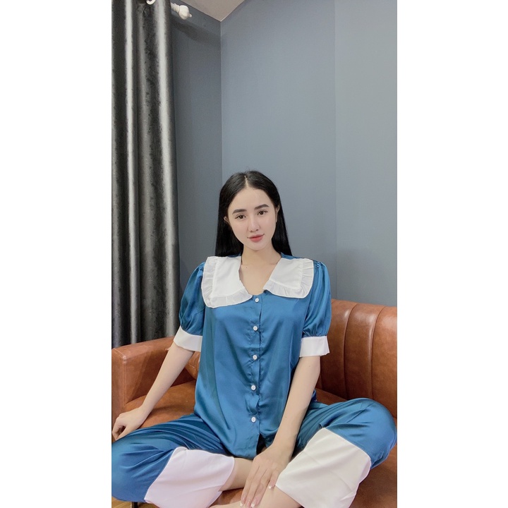 Đồ bộ pijama nữ tay ngắn quần dài lụa mango, lụa latin nhiều mẫu tiểu thư phối bèo cổ sen hot trend giá rẻ free ship