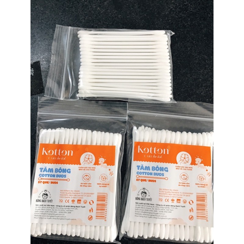 1lốc 10bịch tăm bông cotton buds cho bé (57Que/ gói zíp)- Bông Bạch Tuyết