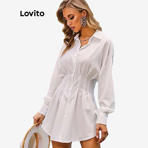Đầm Lovito dáng suông cổ sơ mi màu trơn đơn giản L01210 màu trắng | BigBuy360 - bigbuy360.vn