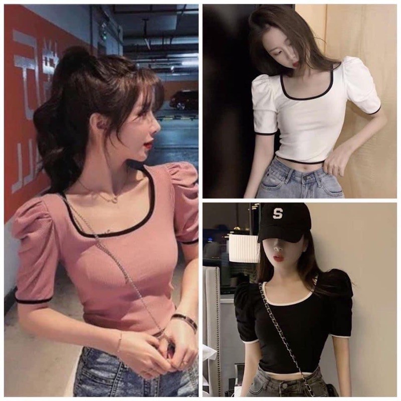 Áo kiểu cổ rộng sâu tay ngắn phối phồng