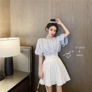 Bộ Áo Thun Phối Ren + Chân Váy Xếp Ly Lưng Cao Thiết Kế Xinh Xắn Cho Nữ
