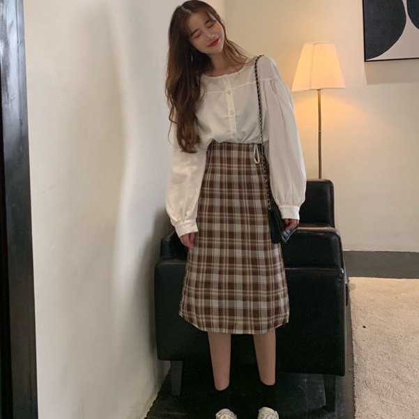 Set áo sơ mi trắng nữ dài tay bánh bèo, chân váy kẻ caro nữ tính, FREESHIP