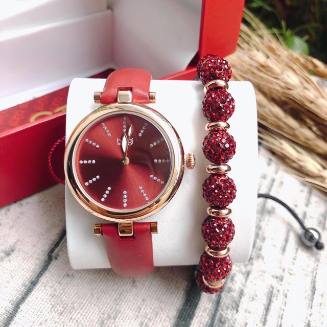 Đồng hồ nữ Burgi BUR241 Crystal Bracelet Earring Jewelry Leather Watch Box Gift Set - Màu Đỏ