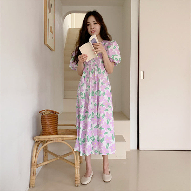 Đầm Công Chúa In Hoa Tay Phồng Phong Cách Hàn Quốc Thanh Lịch Xinh Xắn Cho Nữ