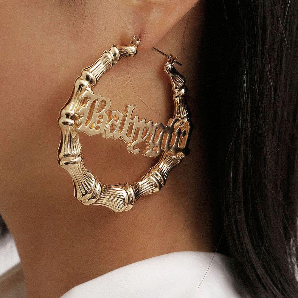 Bông Tai Dạng Vòng Họa Tiết Chữ Bằng Tre Thời Trang Cho Nữ