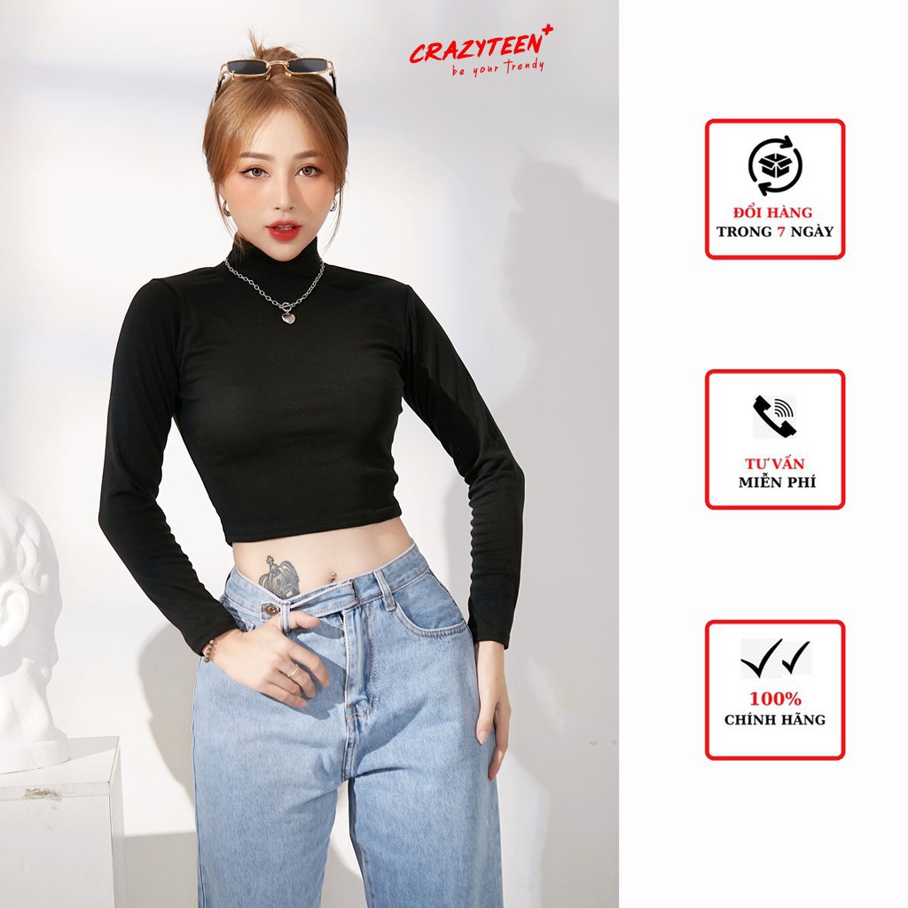 Áo thun croptop nữ CRAZYTEEN  cổ lọ tay dài chất gân tăm AT0111