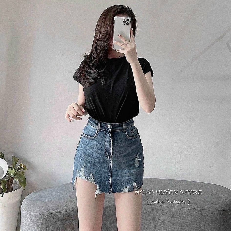 Váy Jean ngắn rách gối lót quần trong phom ôm chất co dãn mềm mại
