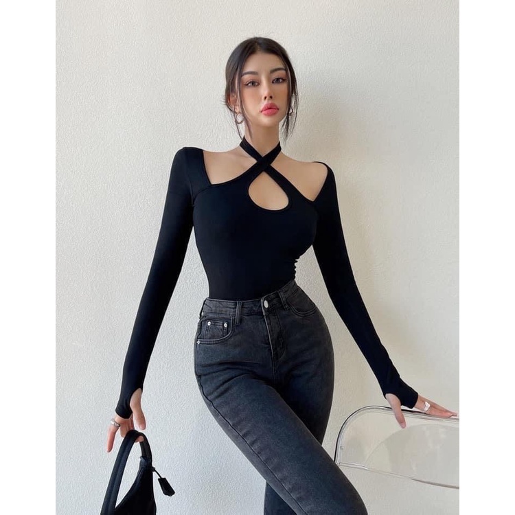 ÁO KIỂU DÀI TAY DÂY CỔ ĐẮP CHÉO THUN MÀU ĐEN