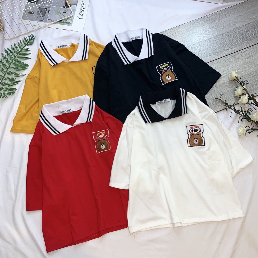 Áo polo croptop mẫu sọc cổ thêu gấu Brown xinh xắn