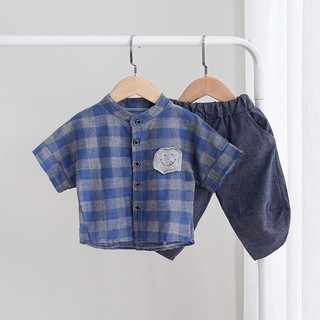 4 Combo bảy màu Set sơ mi caro mặt cười kèm quần lửng bé trai