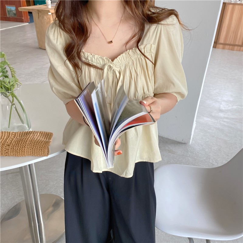 Áo kiểu nữ Thiết kế Retro Cổ vuông Tay bồng Lộ xương quai xanh Ulzzang Hàn Quốc Áo nữ kiểu Bánh bèo Búp bê Ngọt ngào | BigBuy360 - bigbuy360.vn