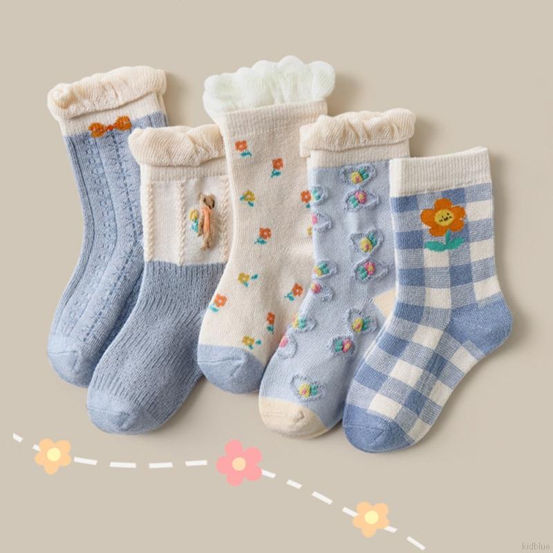 Set 5 đôi vớ cotton mềm mại thoáng khí in họa tiết hoa xinh xắn dễ thương cho bé gái