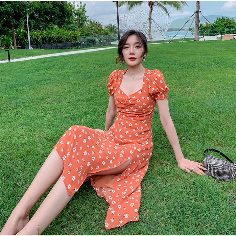 Váy xinh🌸FREESHIP🌸Váy hoa nhí cam dáng dài xẻ tà trẻ trung | BigBuy360 - bigbuy360.vn