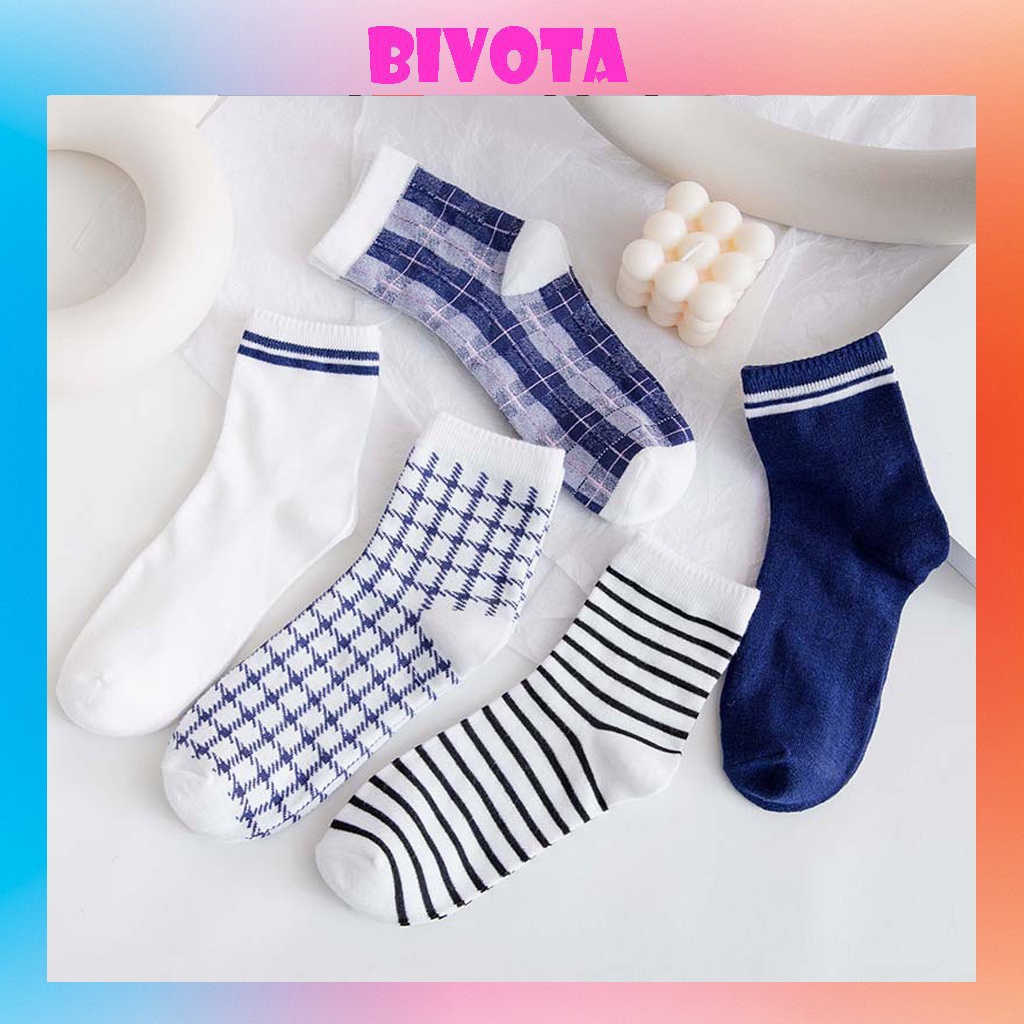 Set 5 đôi tất cổ cao Bivota vớ nam nữ họa tiết kẻ caro siêu xinh T04