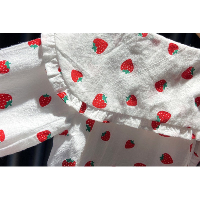 AG02 - Áo sơ mi cổ tròn bé gái, áo kiểu tiểu thư, họa tiết dâu tây  - Richkid123