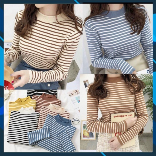 Áo len dệt kim tay dài cổ 3 phân kẻ ngang ulzzang kiểu Hàn Quốc | BigBuy360 - bigbuy360.vn