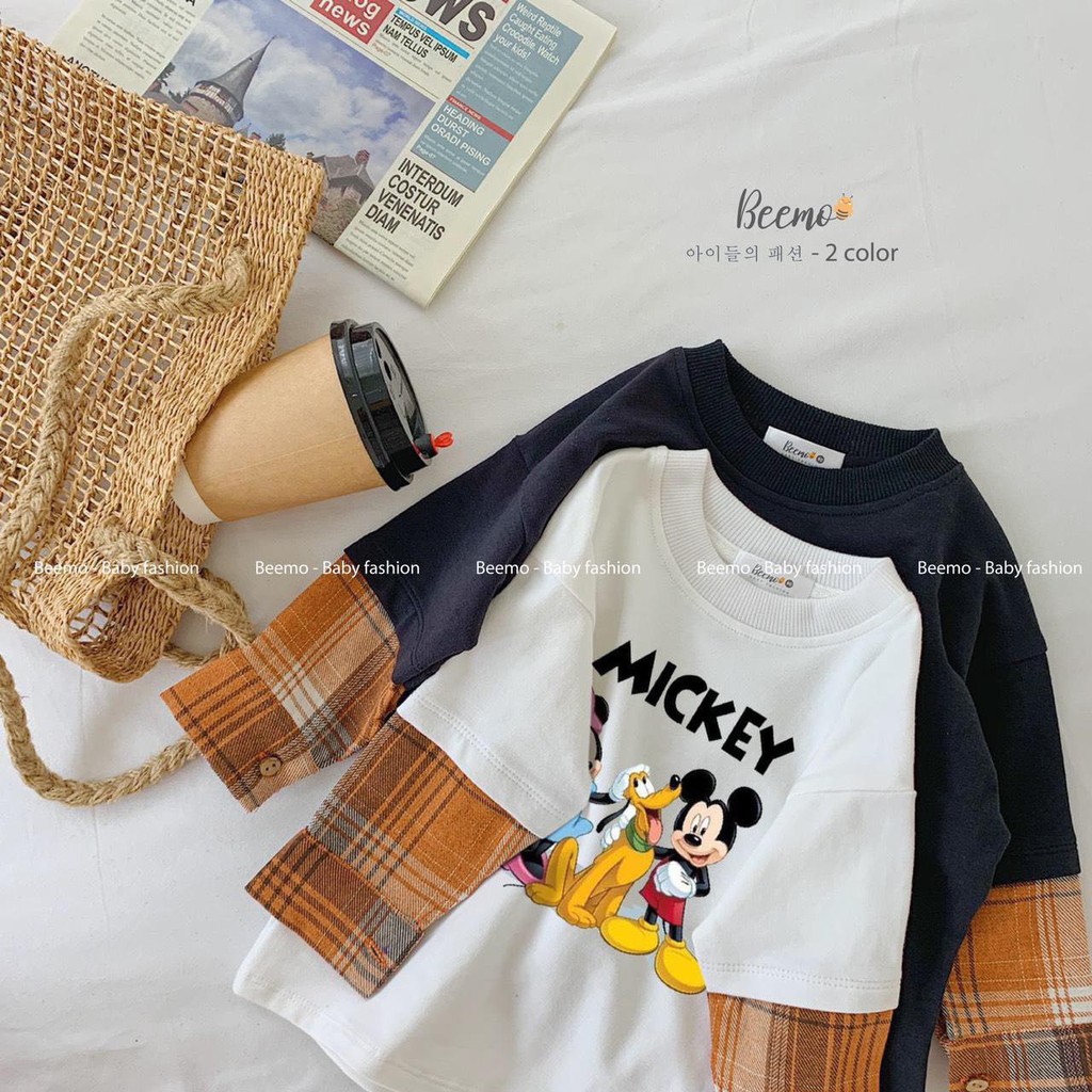 Áo nỉ Mickey tay giả sơ mi bé trai và bé gái 1-7 tuổi