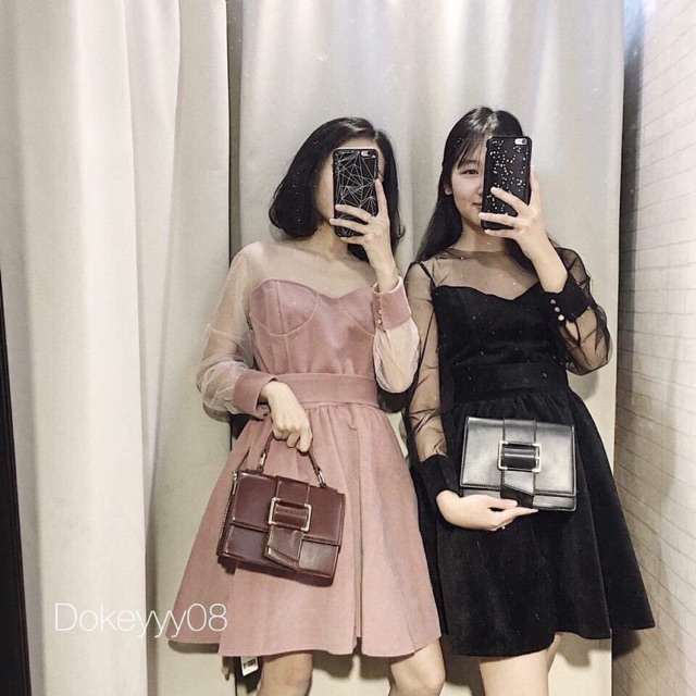 Váy nhung tay lưới