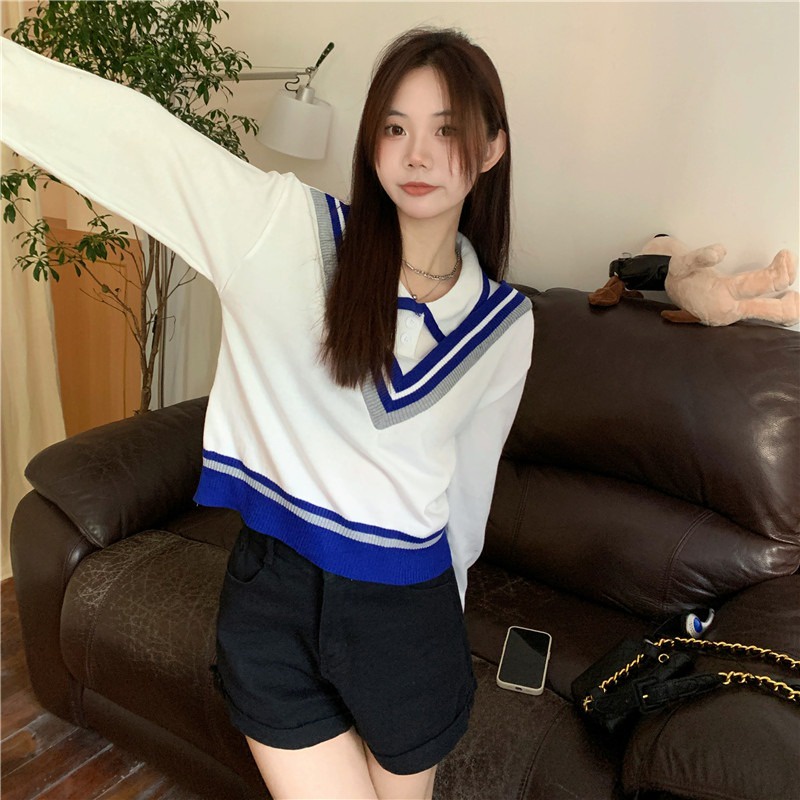 Áo len ZHELIHANGFEI tay dài dáng rộng cổ bẻ giả hai lớp dễ phối đồ thời trang