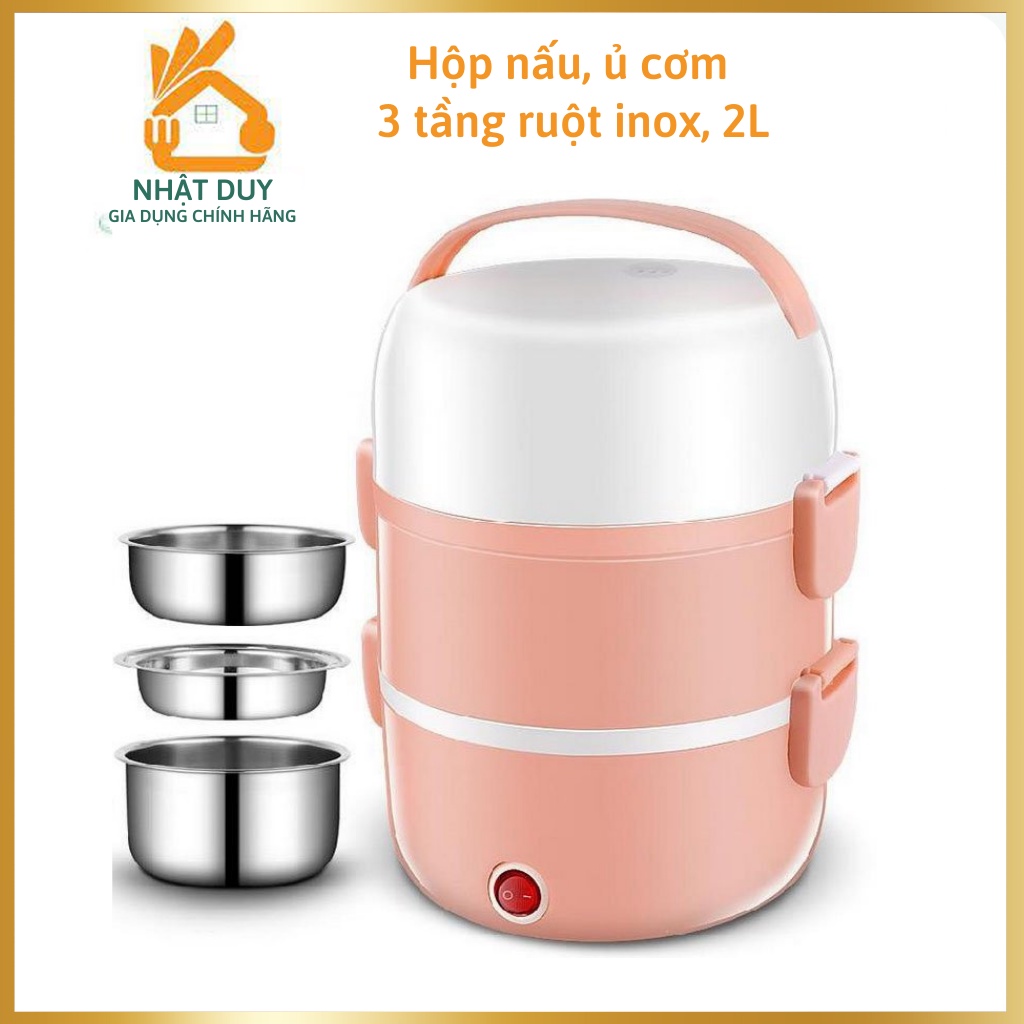 Hộp nấu, ủ cơm 3 tầng ruột inox màu hồng, bảo hành 6 tháng