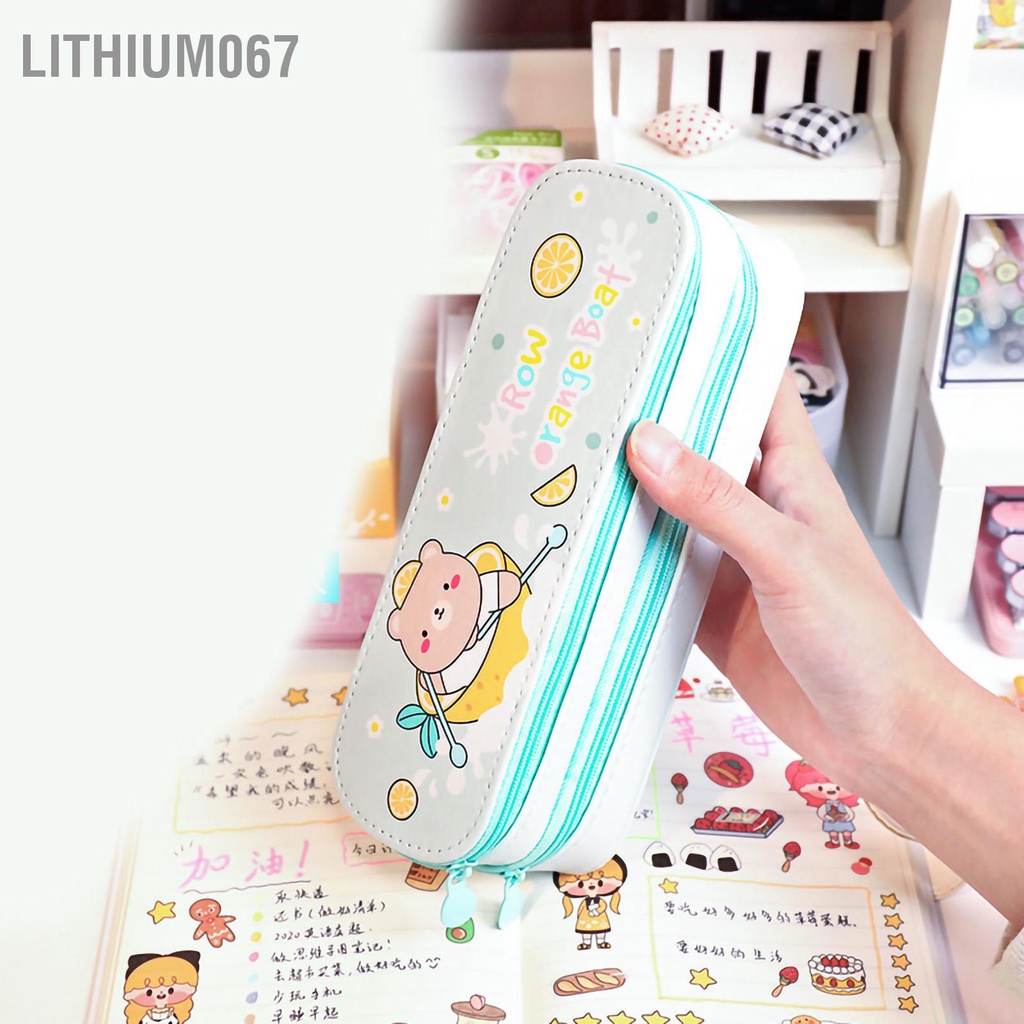 Lithium067 Túi đựng bút chì hai lớp Dung lượng lớn Phong cách đơn giản không thấm nước bằng vải chống bụi cho học sinh nữ