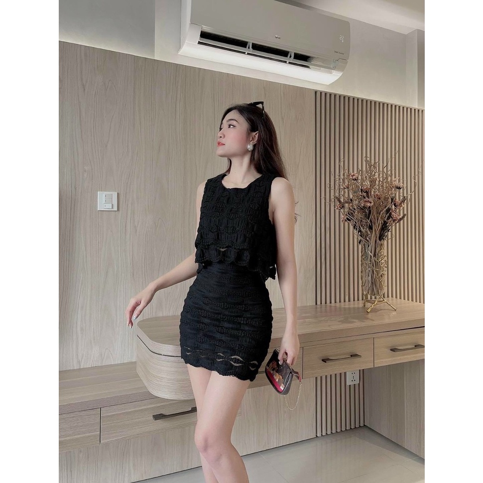 Sét váy nữ thời trang Quảng Châu mặc đi chơi, Sét váy len ren cổ tròn sát nách xếp tầng mix chân váy chữ A cao cấp