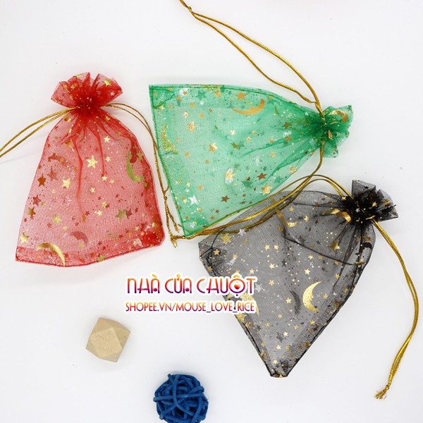 Túi vải voan lưới có dây rút họa tiết trăng sao vàng lấp lánh kích thước 9x12 - mouse love rice