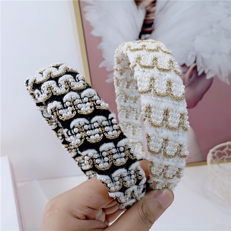Bờm cài tóc vải dạ tweed đính hạt ngọc mix sợi kim tuyến lấp lánh thời trang Hàn Quốc sang chảnh, Lémi accessories