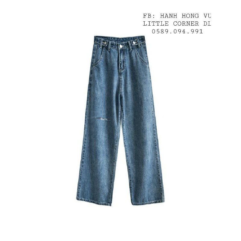 Quần baggy jean retro ống dài 100cm nút hông phối kiểu form cạp cao ulzzang kèm ảnh thật hàng có sẵn