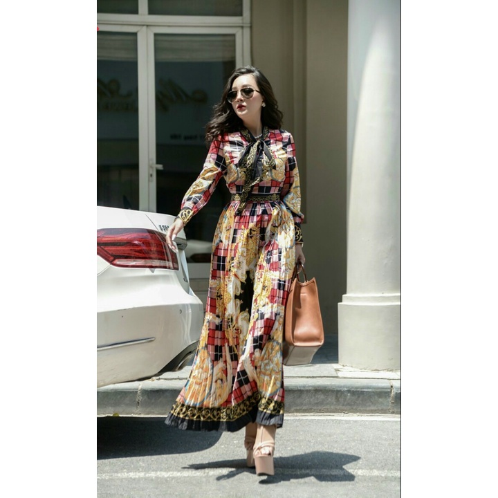 Đầm xòe lụa trung niên dài tay dự tiệc - Mua váy xòe dáng dài đẹp