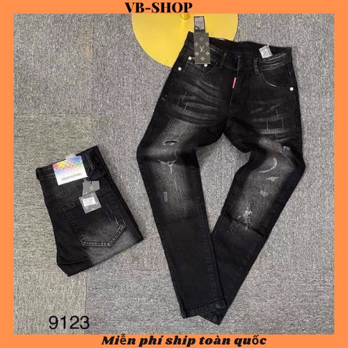 Quần jean nam ống ôm màu xám đậm rách xước cá tính chất bò co giãn bốn chiều thời trang cao cấp VBSHOP9123