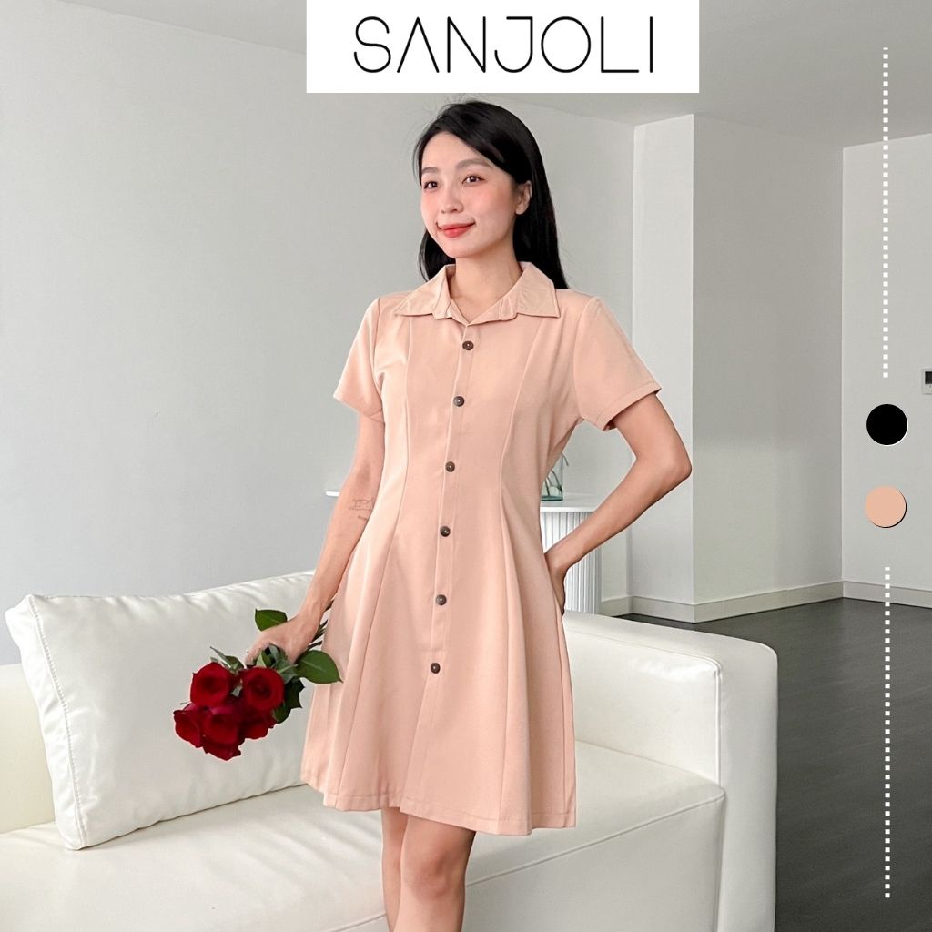 Đầm công sở nữ SANJOLI ôm body thiết kế cổ vest sơ mi thắt eo dáng xòe VD085