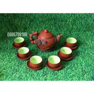 Bộ ấm chén tử sa phù dung đắp nổi  Gốm sứ Bát Tràng cao cấp 
