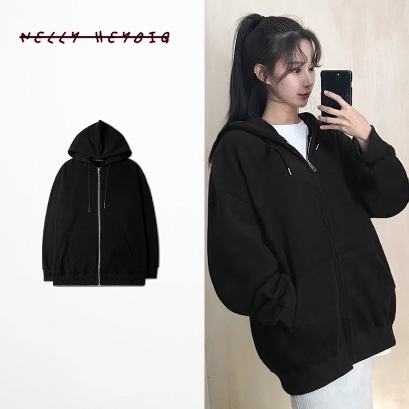 Áo khoác Hoodie Zip trơn  Nelly Heybig form rộng dành cho nam và nữ 69 30