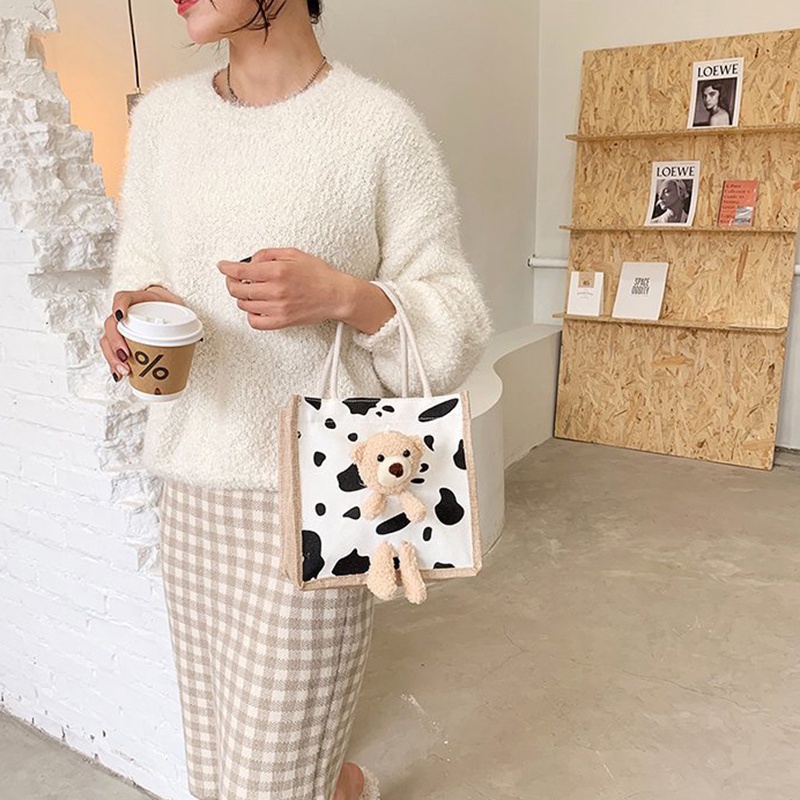 Túi Xách Tay Bằng Vải canvas In Hình Gấu Dễ Thương Dành Cho Nữ