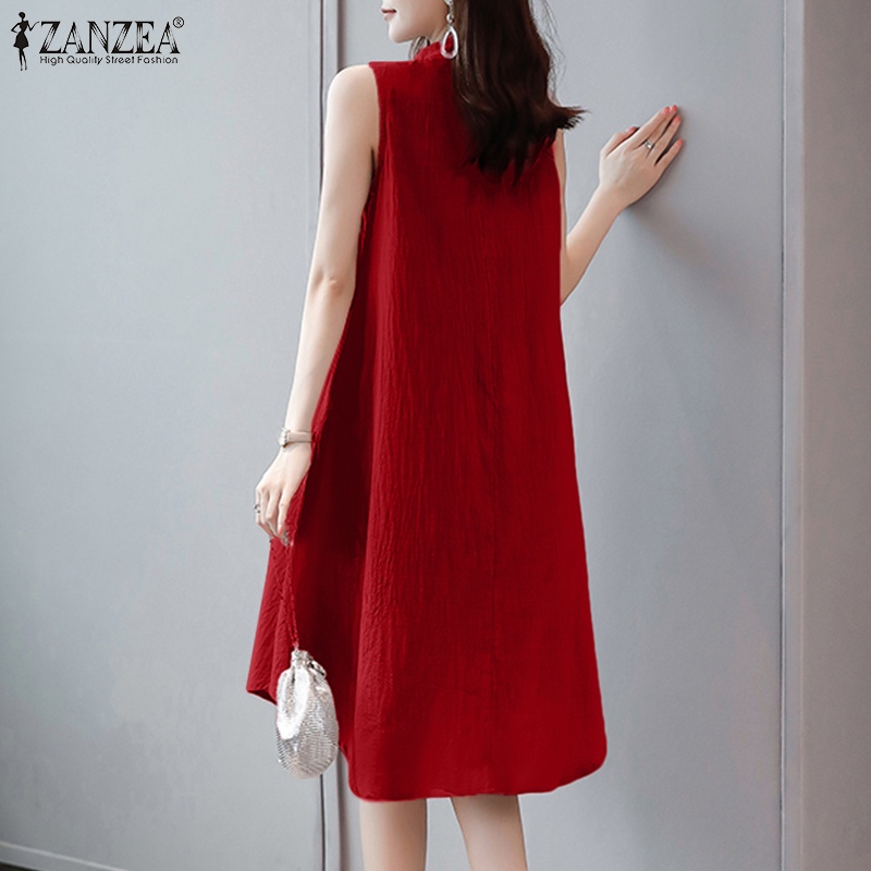 ZANZEA Đầm Mini Không Tay Cổ Tròn Cài Nút Phía Trước Thời Trang Cho Nữ