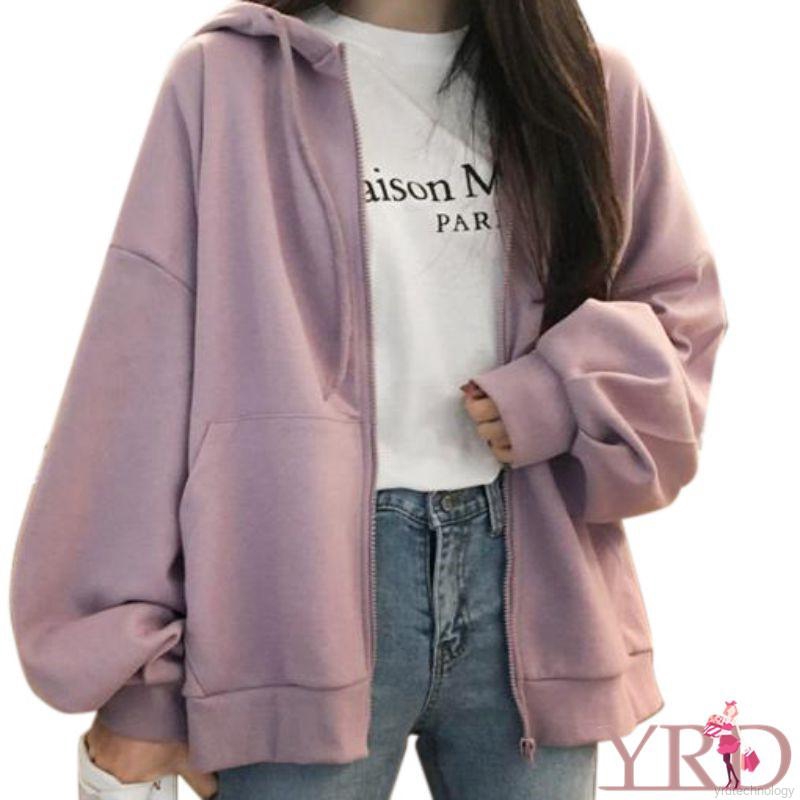 Áo Hoodie Nhung Tay Dài Có Khóa Kéo Thời Trang Thu Đông Cho Nữ