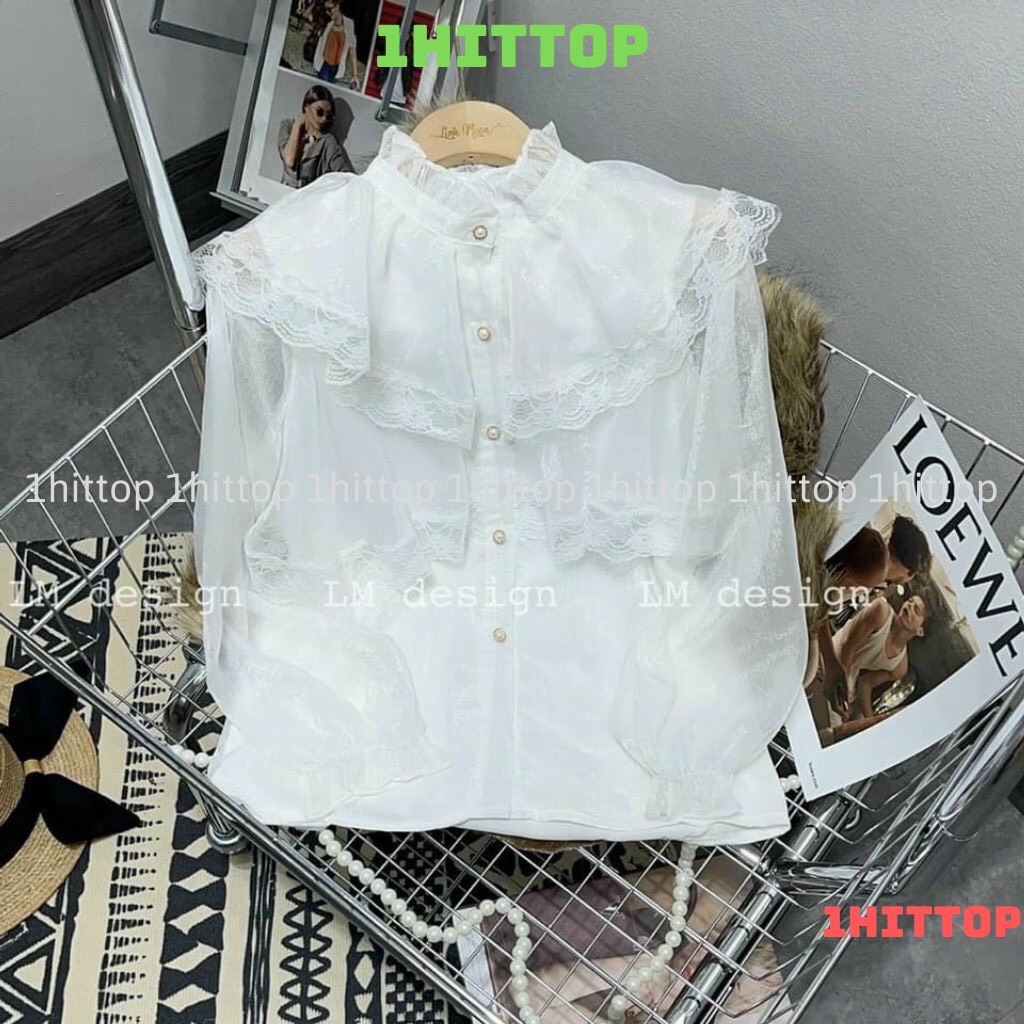 [ảnh thật-sẵn] Sơ mi voan khuy ngọc cổ viền bèo