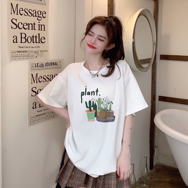 Áo Thun Tay Ngắn Cổ Tròn Dáng Rộng In Họa Tiết Dễ Thương Phong Cách Hàn Quốc